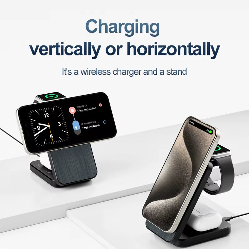 Experience Ultimate Convenience with Our New Foldable 15W Magnetic 3-in-1 Wireless Charging Station – Charge Up to 3 Devices Simultaneously with PD 3.0 Compatibility!