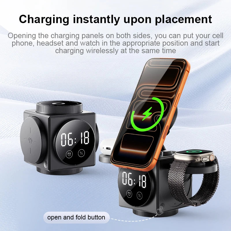 Transform Your Workspace with the 3-in-1 Multifunctional Wireless Charger Dock Station Featuring a Digital Clock and Night Light