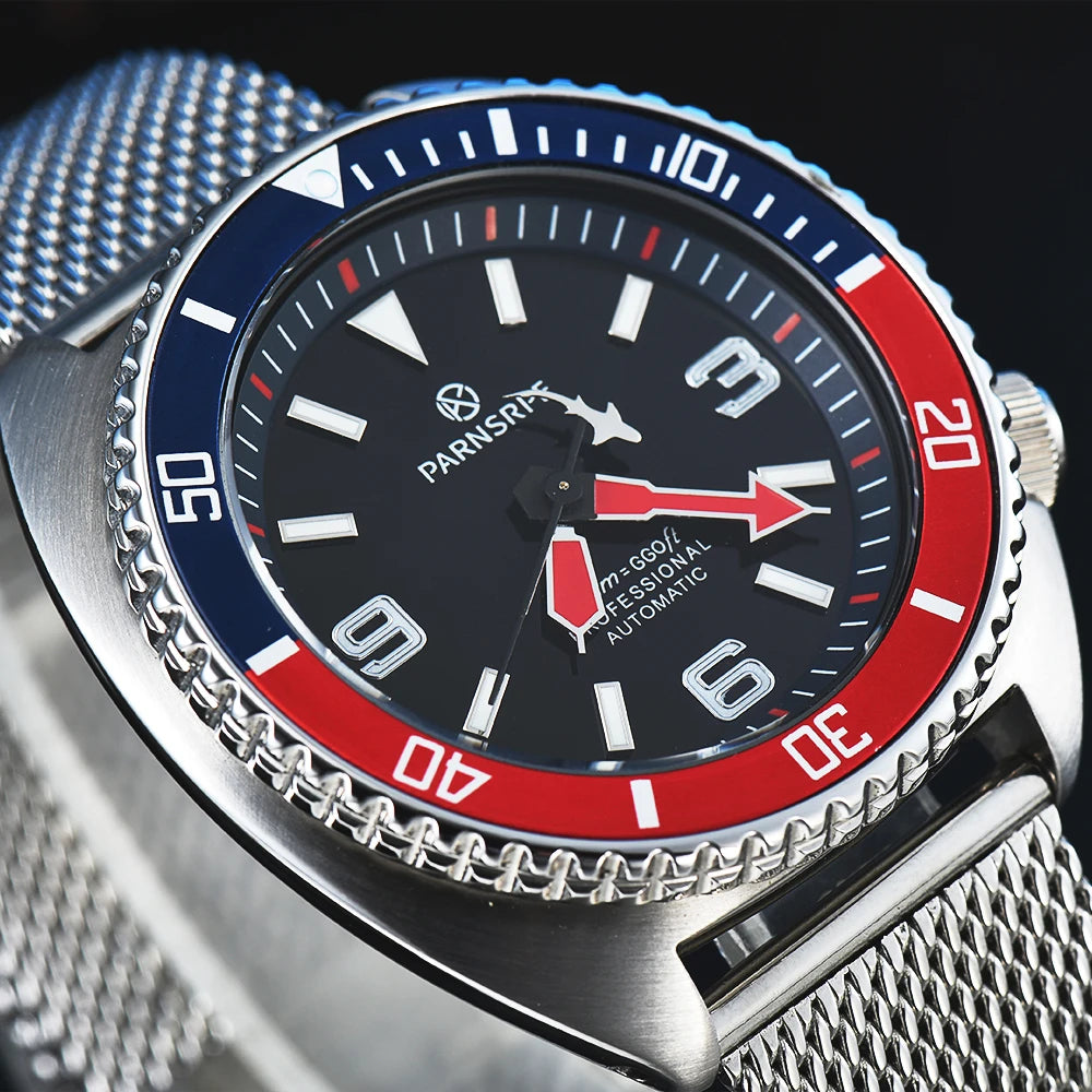 Luxury Men's Casual Red and Blue Watch, Fashionable Party Watch with NH35 Automatic Movement, Sapphire Glass, GMT Ceramic Bezel,