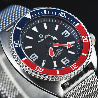 Luxury Men's Casual Red and Blue Watch, Fashionable Party Watch with NH35 Automatic Movement, Sapphire Glass, GMT Ceramic Bezel,