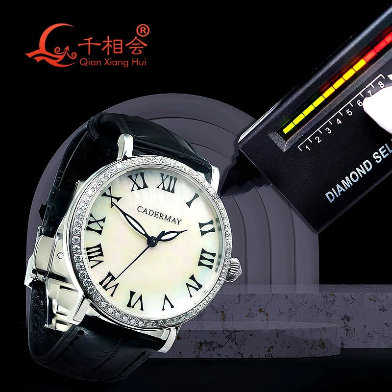Luxury Men's Mechanical Wristwatch Natural Shell Luminous Hands with White Moissanite - Elegant Jewelry Timepiece for Gentlemen