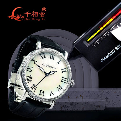 Luxury Men's Mechanical Wristwatch Natural Shell Luminous Hands with White Moissanite - Elegant Jewelry Timepiece for Gentlemen