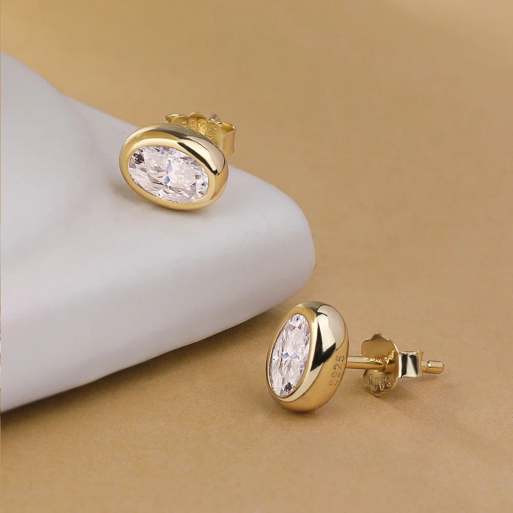 18K Gold Plated 0.5/1ct Moissanite Stud Earring for Women Bezel Set Oval Cut Lab Grown Diamond 925 Silver Jewelry With Certified
