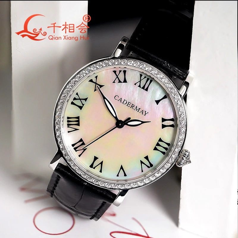 Luxury Men's Mechanical Wristwatch Natural Shell Luminous Hands with White Moissanite - Elegant Jewelry Timepiece for Gentlemen