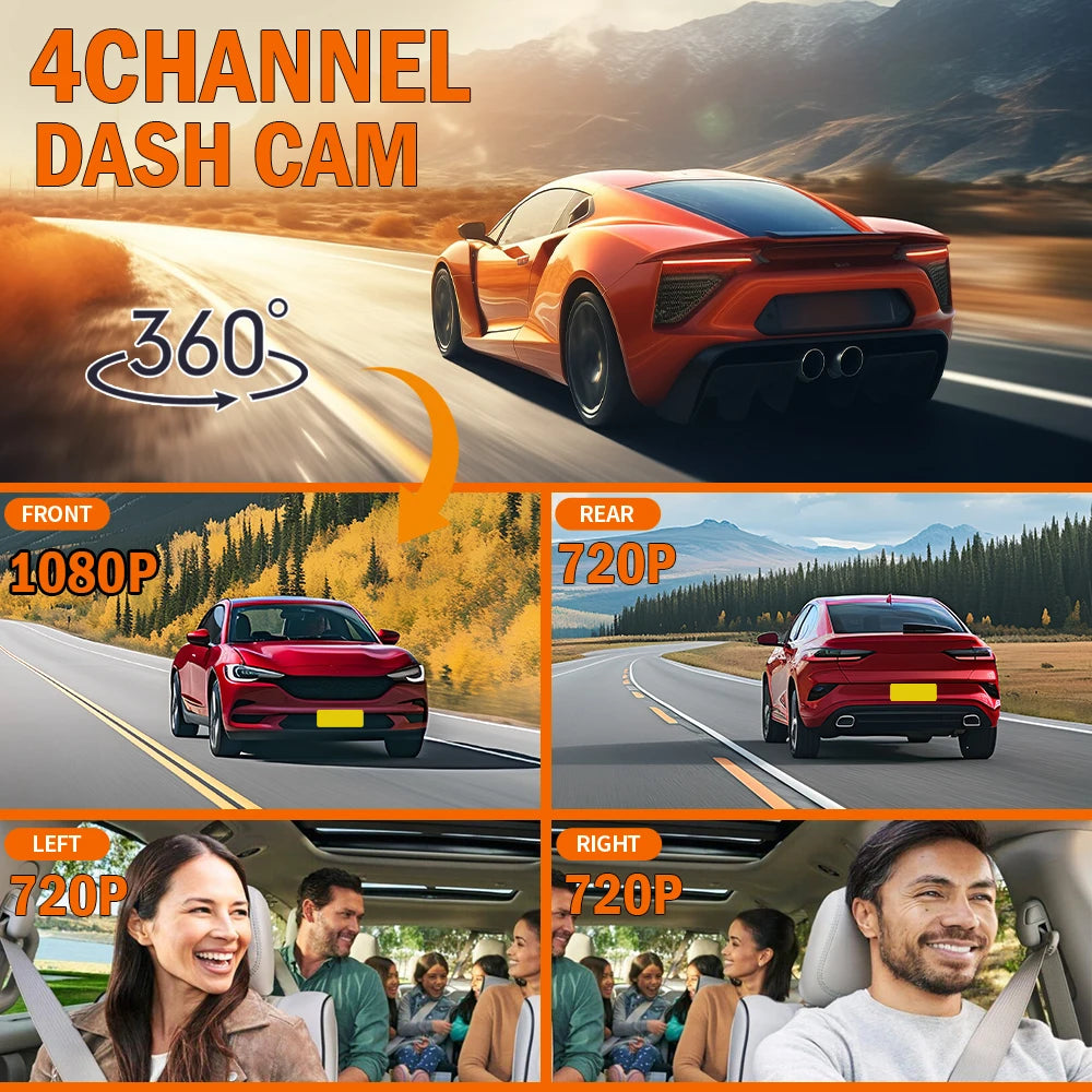 Dash Cam Vehicle DVR Video Recorder 4 Cameras for Cars Black Box Front Rear Internal Night Vision Loop Recording Dashcam Car 360