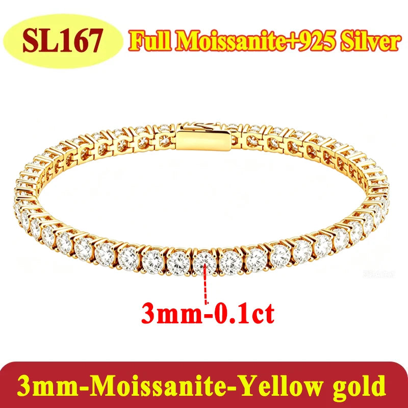 Luxury 2 2.5 3 4 5MM Full Moissanite Tennis Chain Couple Bracelets Plated Gold 925 Sterling Silver Jewelry Gift GRA Certified