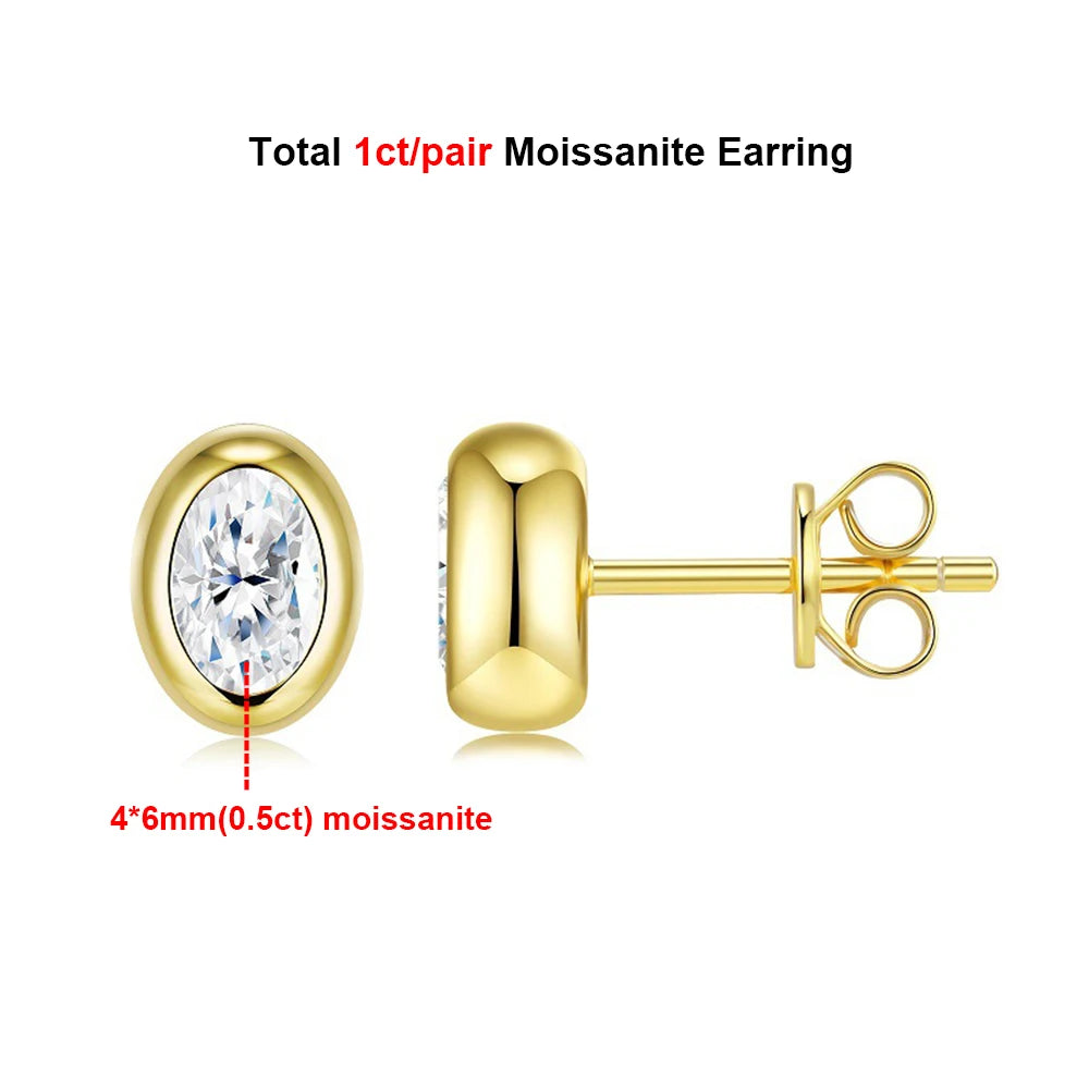 18K Gold Plated 0.5/1ct Moissanite Stud Earring for Women Bezel Set Oval Cut Lab Grown Diamond 925 Silver Jewelry With Certified