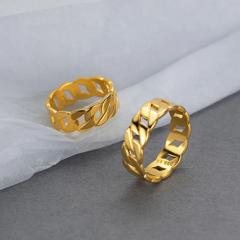 24K real gold Cuban Chain Ring Fashion ins simple design Internet celebrity 9999 gold cold wind chain ring
