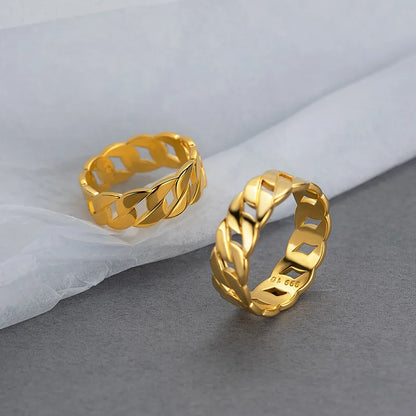 24K real gold Cuban Chain Ring Fashion ins simple design Internet celebrity 9999 gold cold wind chain ring
