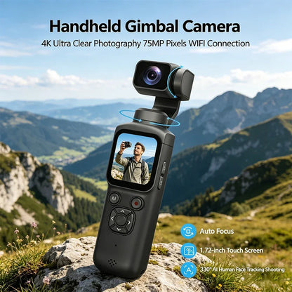 4K Action Camera 330° Face Tracking Gimbal Stabilizer 75MP Pixels WiFi Function Pocket Gimbal Camera for Vlog