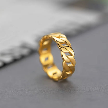 24K real gold Cuban Chain Ring Fashion ins simple design Internet celebrity 9999 gold cold wind chain ring