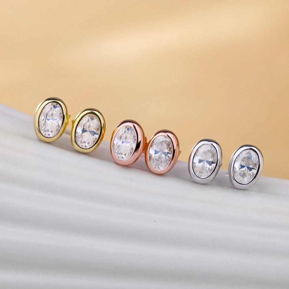 18K Gold Plated 0.5/1ct Moissanite Stud Earring for Women Bezel Set Oval Cut Lab Grown Diamond 925 Silver Jewelry With Certified