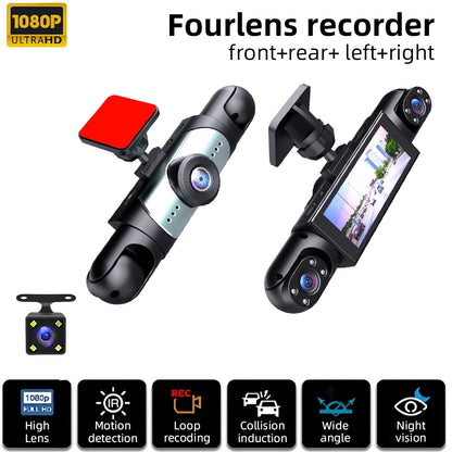 1080P Four-Channel DashCam Front Left Right Rear Car Camera Black Box Car DVR Video Recorder Night Vision 24H Parking