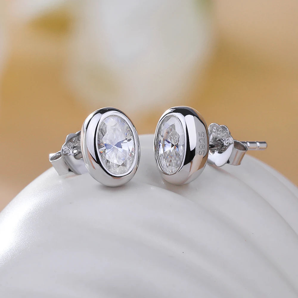 18K Gold Plated 0.5/1ct Moissanite Stud Earring for Women Bezel Set Oval Cut Lab Grown Diamond 925 Silver Jewelry With Certified