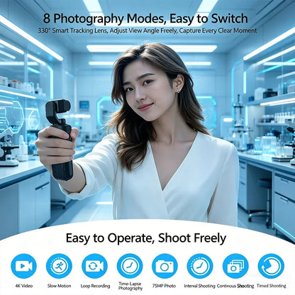 4K Action Camera 330° Face Tracking Gimbal Stabilizer 75MP Pixels WiFi Function Pocket Gimbal Camera for Vlog