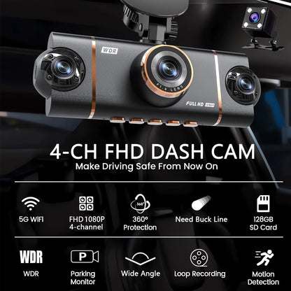 4 Cameras Dash Cam Car DVR WiFi HD 1080P Video Recorder 4 Channel Front Rear View Night Vision Black Box DVR For Vehicle Safety