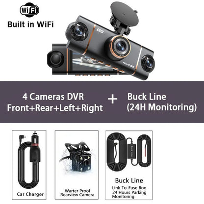 4 Cameras Dash Cam Car DVR WiFi HD 1080P Video Recorder 4 Channel Front Rear View Night Vision Black Box DVR For Vehicle Safety