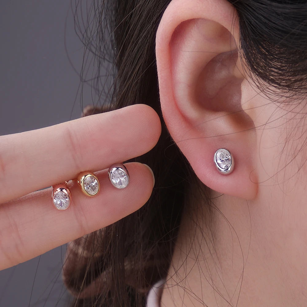 18K Gold Plated 0.5/1ct Moissanite Stud Earring for Women Bezel Set Oval Cut Lab Grown Diamond 925 Silver Jewelry With Certified