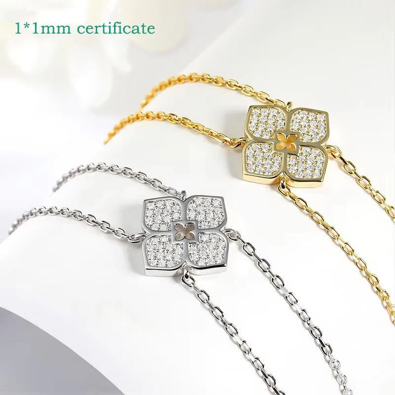 Smyoue Full Moissanite Necklaces Sparkling Flowers Long Chain Wedding Girls Gift Lab Diamond Pendant 925 Sterling Silver Jewelry