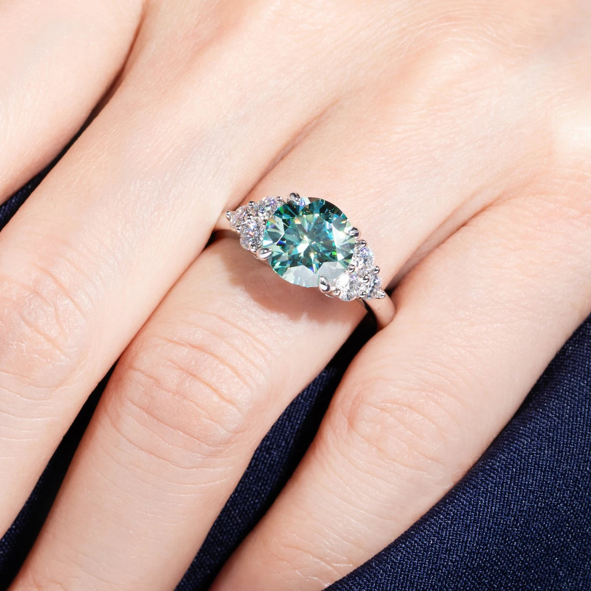 AnuJewel 3ct Round Cut Blue Green Color Moissanite Engagement Ring 18K Gold Plated Silver Luxury Wedding Ring Jewelry  Wholesale