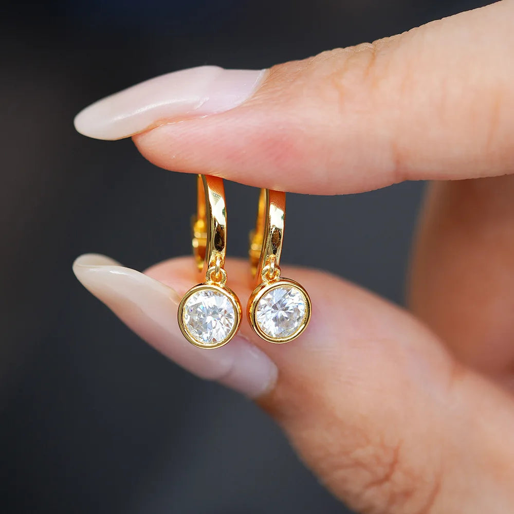 Luxury 100% Real 18k Gold Women's Diamond Earrings Round Moissanite Earrings